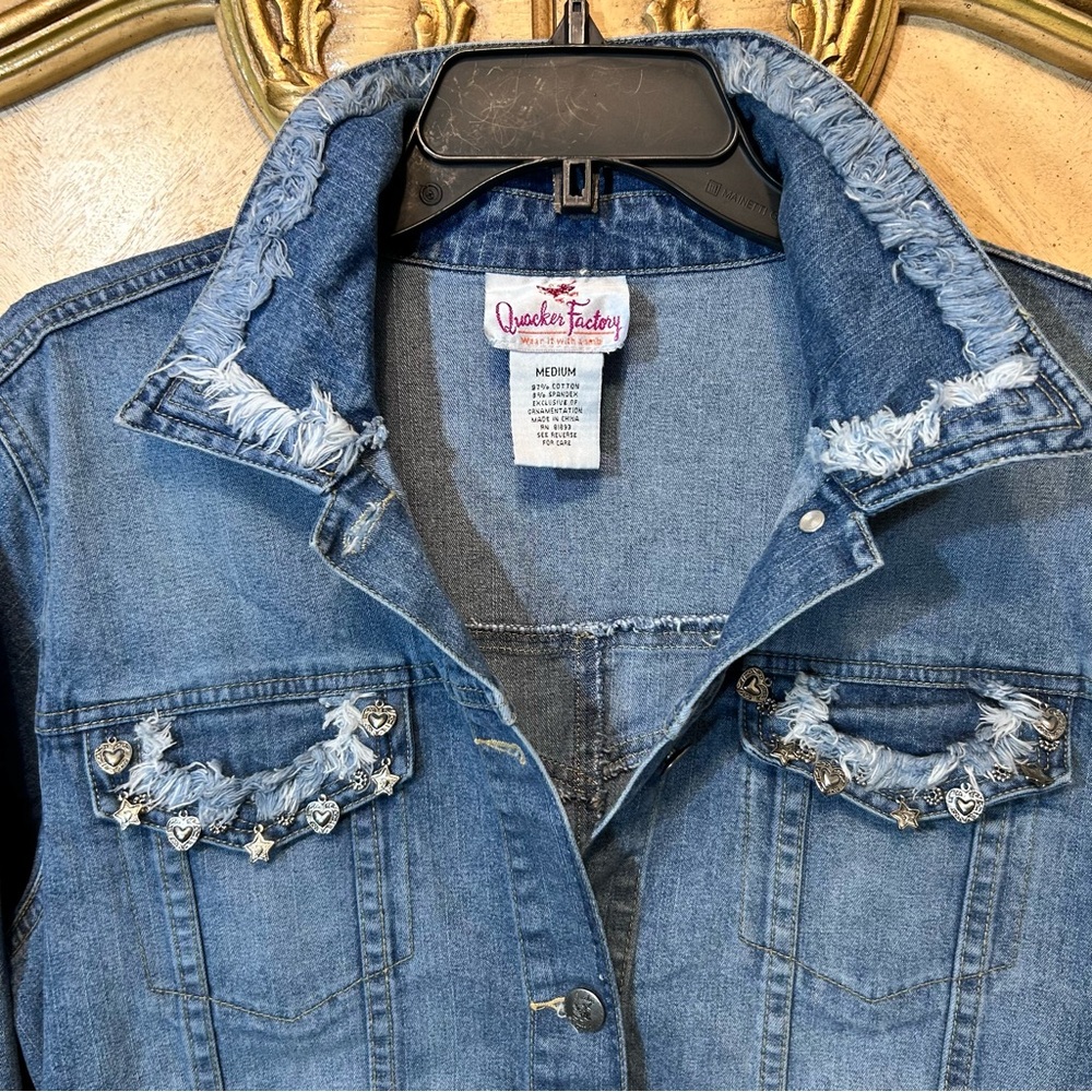 Quacker Factory Blue Denim Embellished Heart Star Charm Fringe Jacket - Picture 10 of 10
